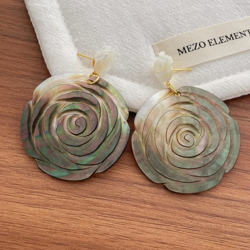 Minar High Quality AB Color Horseshoe Natural Shell Fritillary Rose Flower Large Drop Earrings for Women Wedding Bridal Jewelry