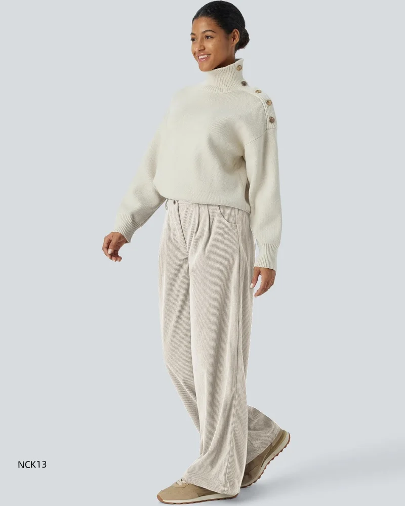 Corduroy broek met hoge taille voor dames Herfst Winter Ontspannen broek met rechte pijpen High Street Wijde pijpen Dikke warme broek met losse knopen