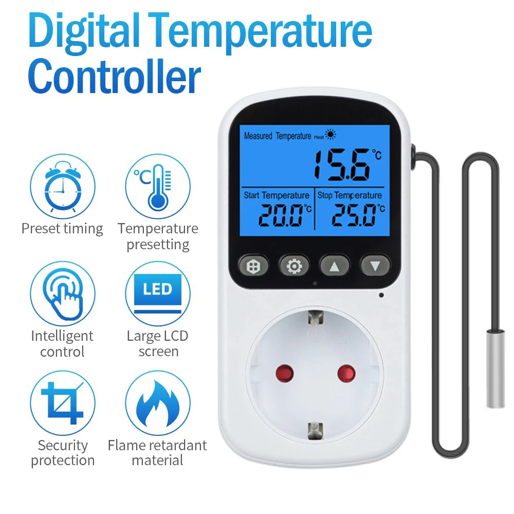 yZ[zfW^xRg[[\PbgRZg EU vOT[X^bg^C}[ZT[v[utMpXCb` 16A obNCgCDigital Temperature Controller Socket Outlet EU Plug Thermostat With Timer Sensor Probe Heating Cooling Switch 16