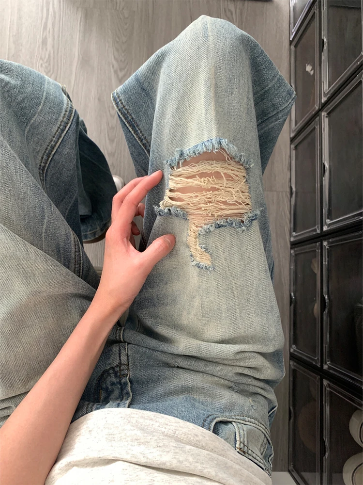 

Широкие джинсовые джинсы с высокой талией и драпировкой, женские джинсы в американском стиле ретро с дырками, весна-лето, новинка, повседневная смесь хлопка и полиэстера