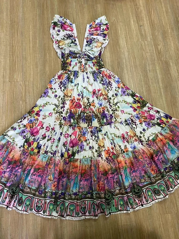 Vintage geometric print fly-sleeve V-neck high-waisted vest dress 2025 summer women's fashion pleated loose A-line pommel skirt