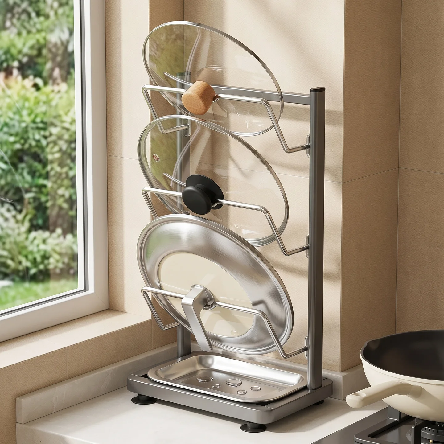 Iron Pot Lid Organizer Rack Drip Tray Two Or Three Tier Countertop Wall Mounted Holder Cutting Boards X Cm Space-Saving Kitchen