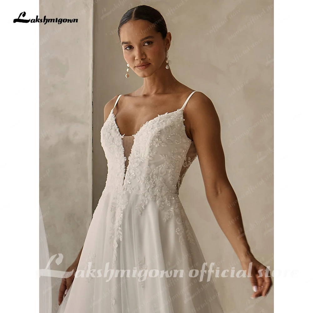 Lakshmigown Funkelnde Perlen-Spitzen-Strandhochzeitskleider, Zivile Tüll-Boho-Brautkleider, Maßanfertigung – Detail 10