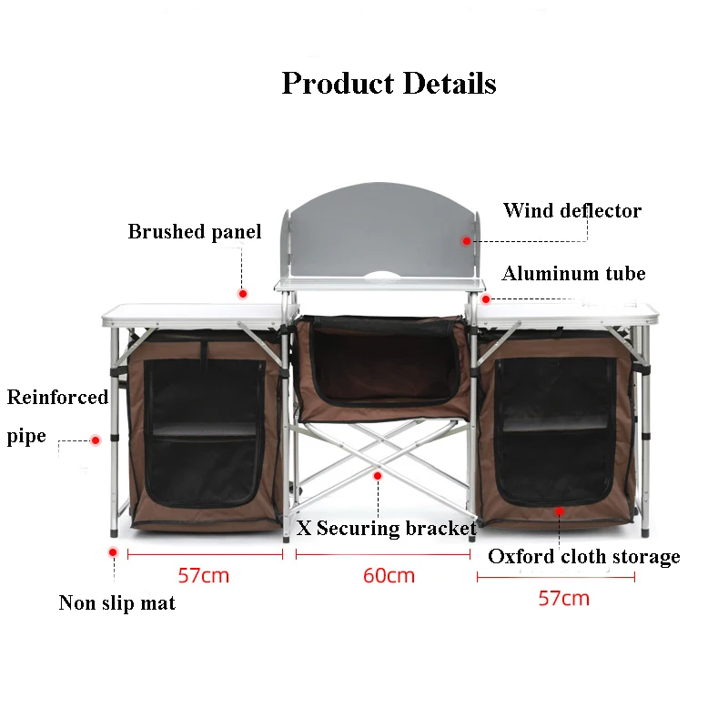 With 3 Brown Cloth Zippered Storage Bags Camping Outdoor Aluminum Folding Moving Kitchen Table Cabinet Folable Cooki Picnic Tour