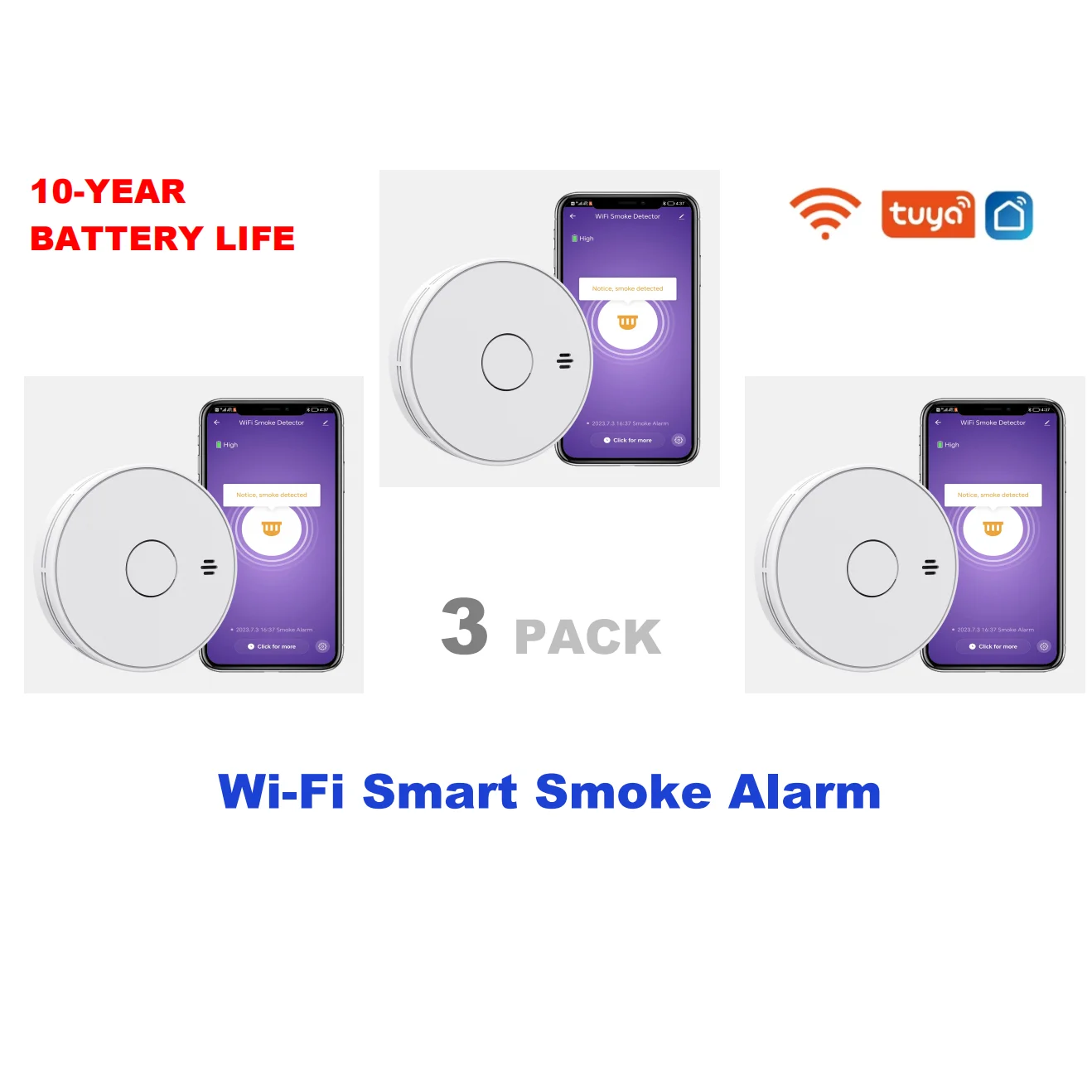 Tuya Smart Smoke Detector with 10 Years Battery, WiFi Fire Alarm with Tuya App, Conforms to EN14604, VS02W, 3-PACK