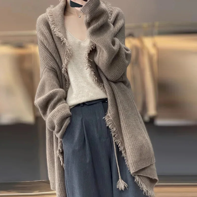 Women\'s Cashmere Knitted Cardigan Autumn Winter Lazy Loose Casual Fashion Sweaters 2023 New Simple All-match Knitwear