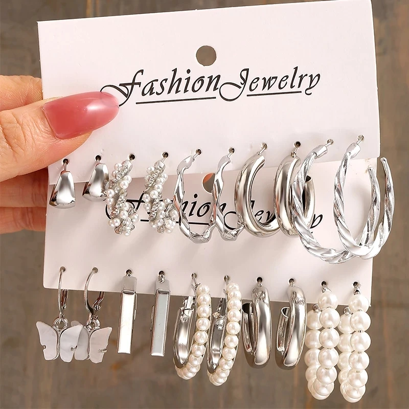 Silver Color Butterfly Earrings Set For Women Girls Vintage Pearl Circle Geometric Twist Hoop Earrings 2022 Trendy Jewelry Gifts