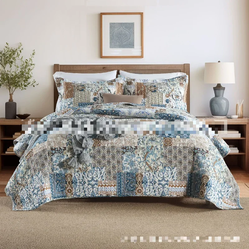 American Style Cotton Printed Quilted Bedspread 3-Piece Set King Queen Size Coverlet All Season Home Decor Quilt