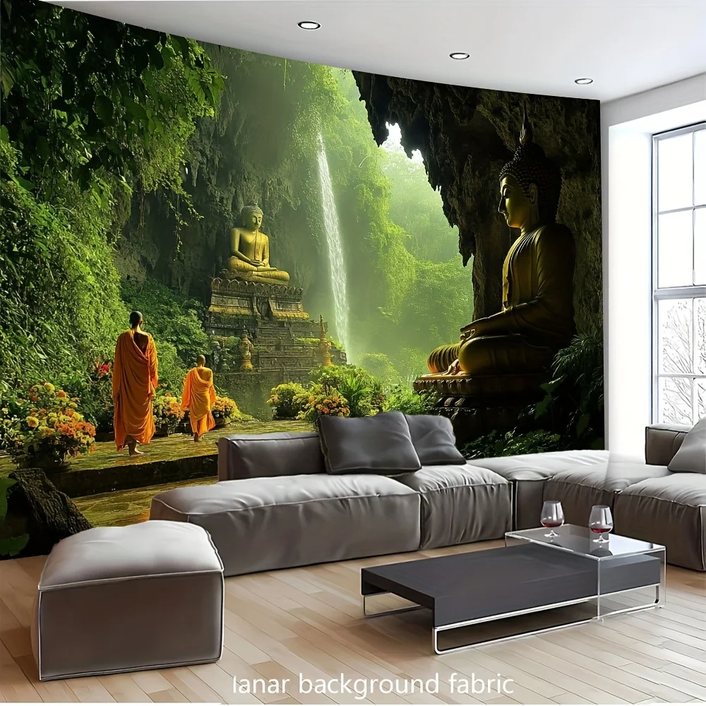 Buddha Temple Waterfall Wall Tapestry Zen Garden Meditation Art Buddhist Decor Peaceful Nature Living Room Fabric Print