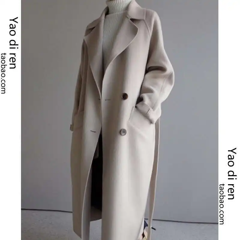 2024 Autumn Winter  Luxury Women Trench Coat Tweed Trench Coat Double Breasted Loose Long Korean Cinched Waist and Tied Belt