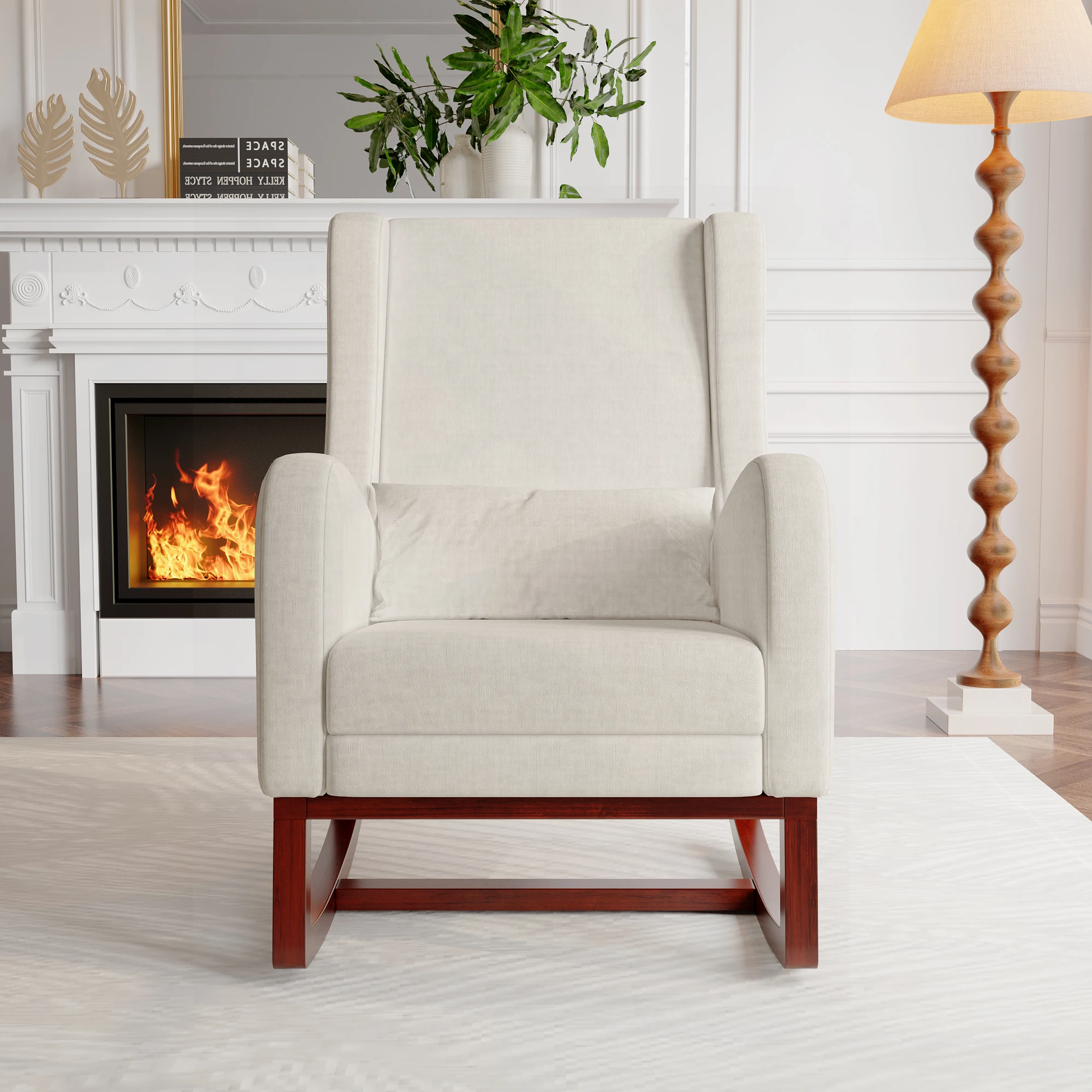 Sillón Reclinable Anajqaqia, Silla de Relajación con Reposapiés, Silla Columpio con Cojín Lumbar y 2 Bolsillos Laterales, Tela de Terciopelo, Beige