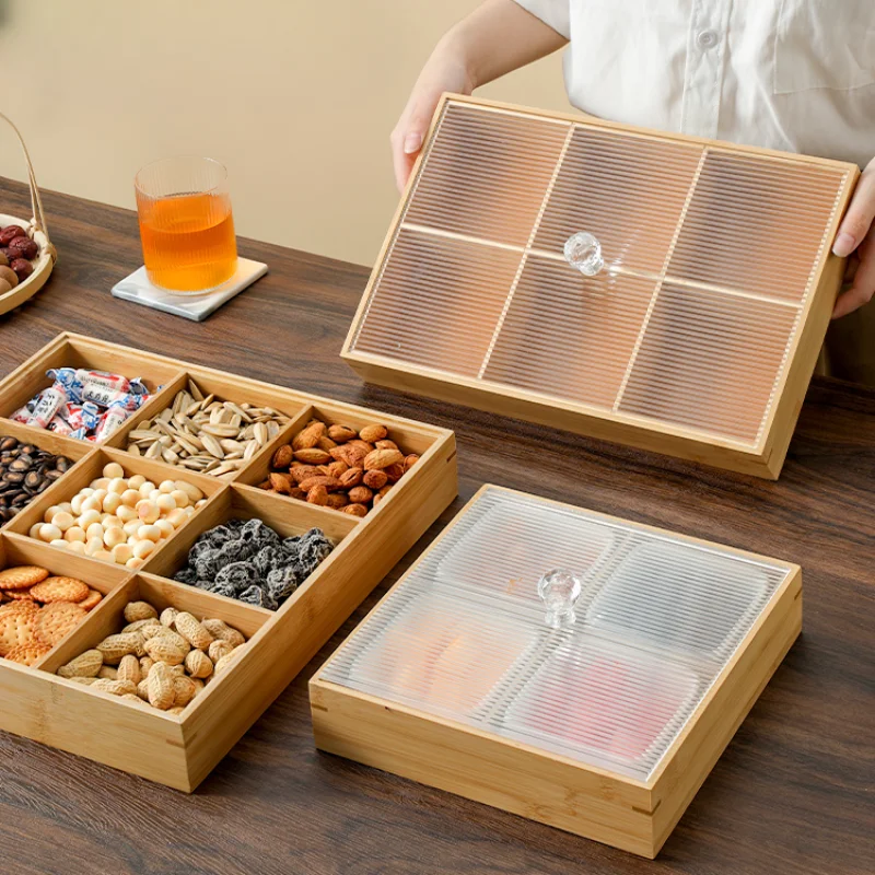 Modern Bamboo Snacks Platter Nine Lattice Dried Fruit Tray Snack Box Home Japanese with Lid Nut Storage Tray