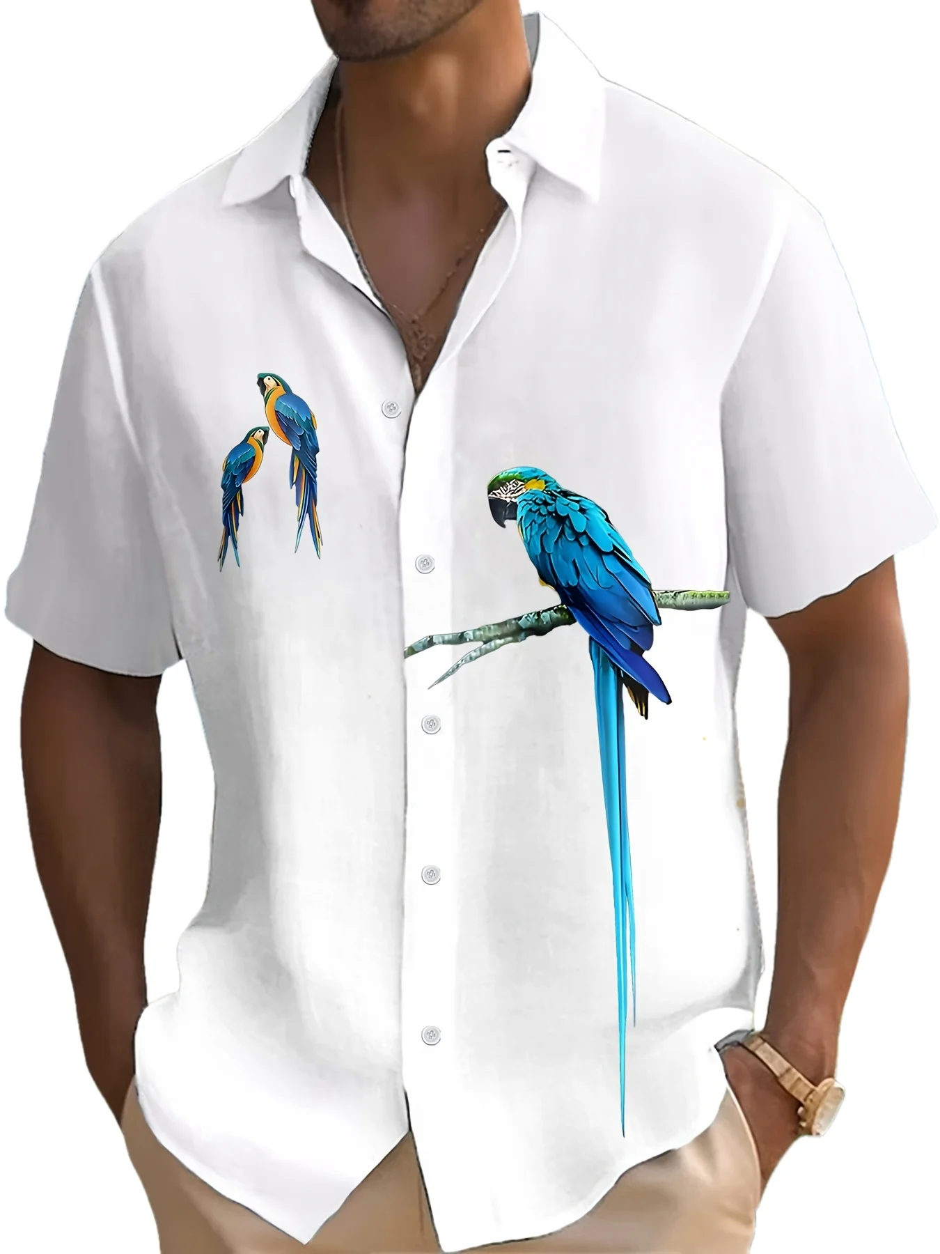 Men Short Sleeve Shirt White Base Macaw Parrot Branch Print Turn‑Down Collar Hawaiian Casual Tops