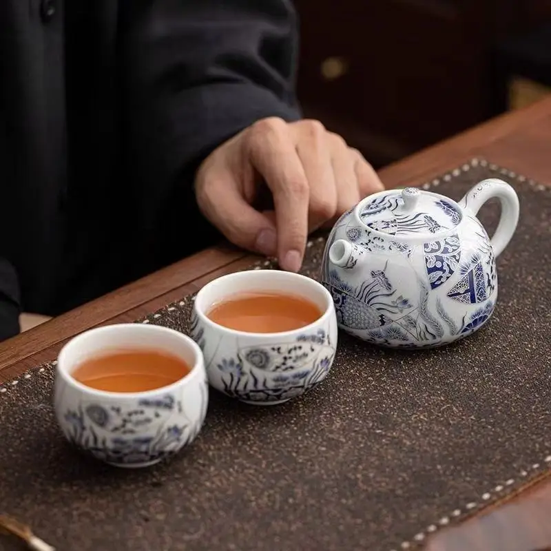 

Blue-and-White Porcelain Chinese Kung Fu Tea Set 1 Teapot with 2 Cups Premium Home Ceramic Tea Set
