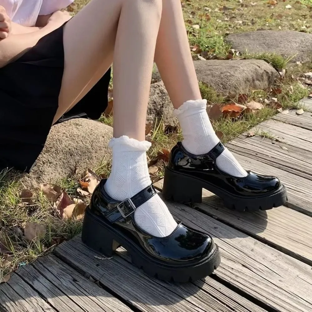 Mary Janes Lolita JK Leather Shoes PU Leather Ankle Buckle Casual Single Shoes Lolita Platform Black High Heels Shoes Lady
