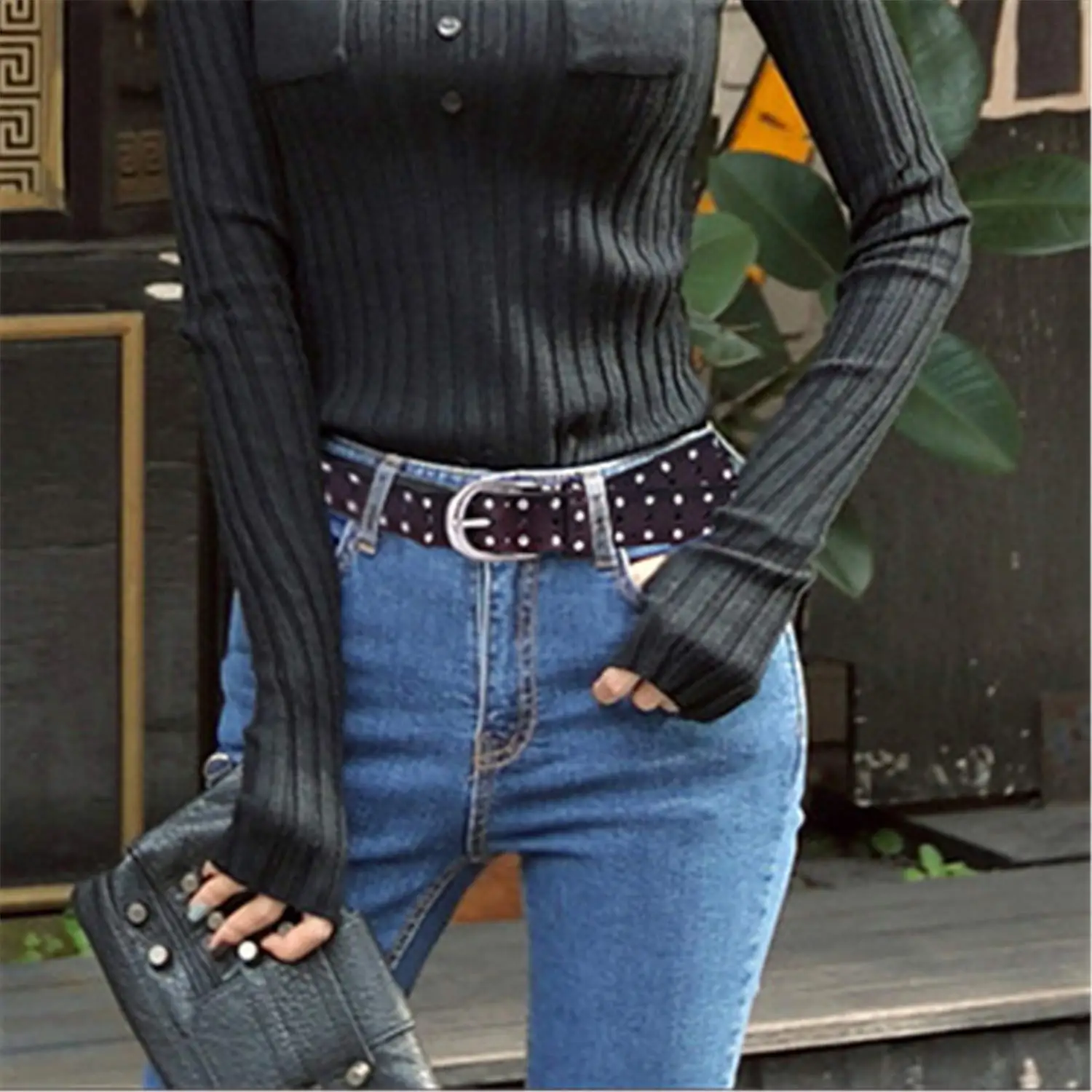 Fashionable bead rivet belt cowhide punch-free belt men and women punk alloy jeans belt designer belt woman belts