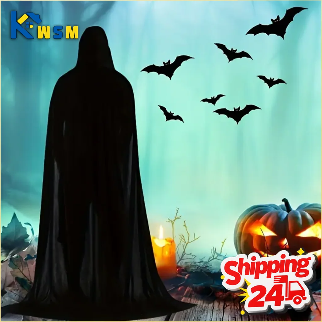 Halloween Cloak Cape Costume Black Wizard Robe Grim Reaper Cosplay Outfit for Adults Kids Party Stage Performance Decoration