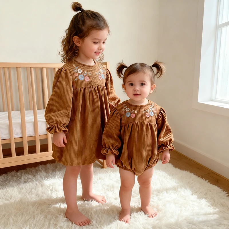 Herbst Kinder Baby Mädchen Langarm Süße Schwestern Gestickte Kleid Frühling Säuglingsspiel Kinder Baby Mädchen Prinzessin Kleidung Strampler