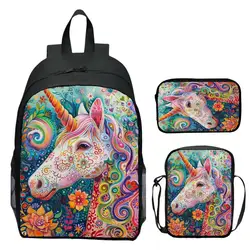 3pcs/set Digital printed animal unicorn horse fashion student backpack, girls's school bag for boy's shoulder bag