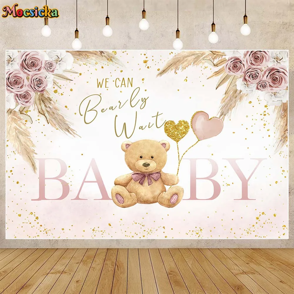 

Mocsicka Bear Baby Shower Backdrop Newborn Girl Welcome Party Decor Boho Flower Pampas Grass We Can Bearly Wait Photo Background