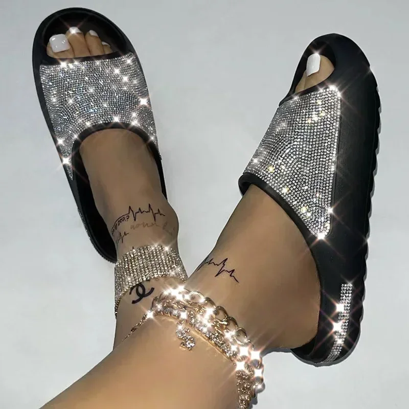 Women Slides Fashion Platform Rhinestone Decor Slide Sandals Outdoor Non-slip Beach Sandals 2024 Summer New Women Slippers