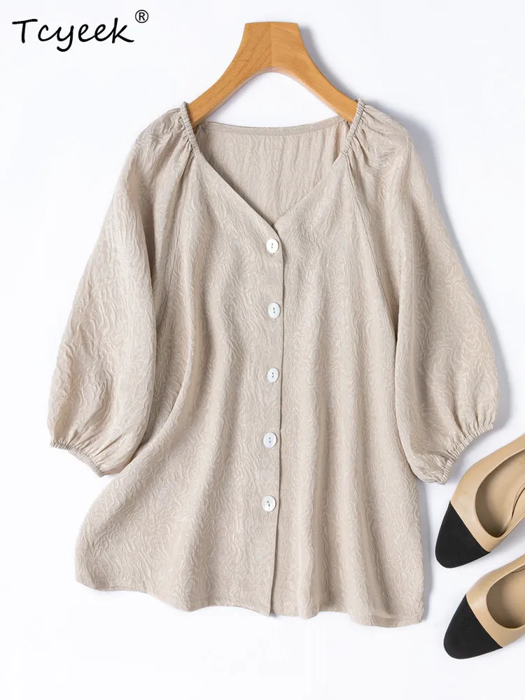 

Tcyeek 100% Real Mulberry Silk Womens Shirts 2026 Elegant Shirt for Women Spring Summer Clothes Short Sleeve Top Camisa Feminina