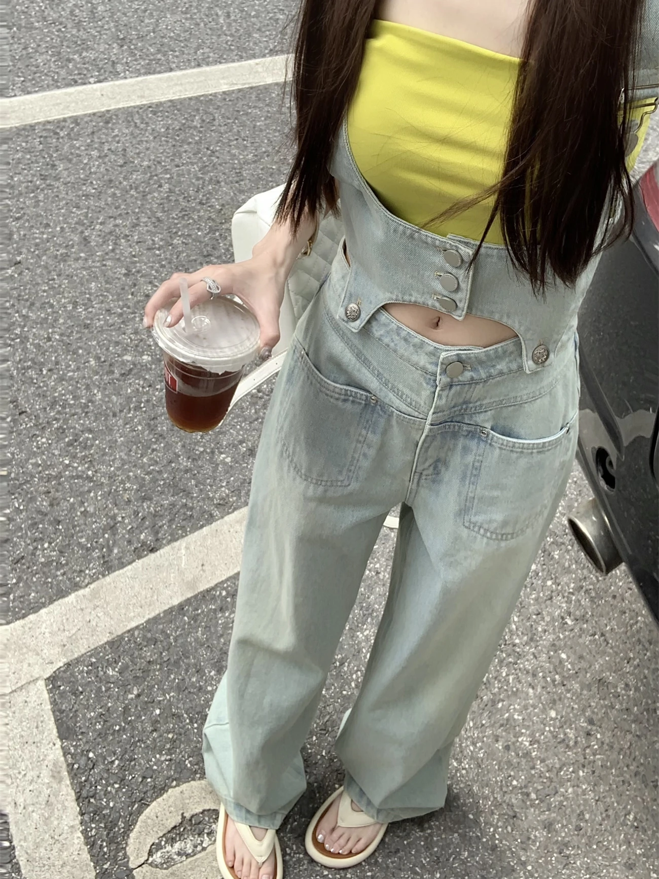 

Detachable Denim Overalls Women's Spring Summer New Waed Street Sle Loose Slim Straight Pants High Waist Long Coat