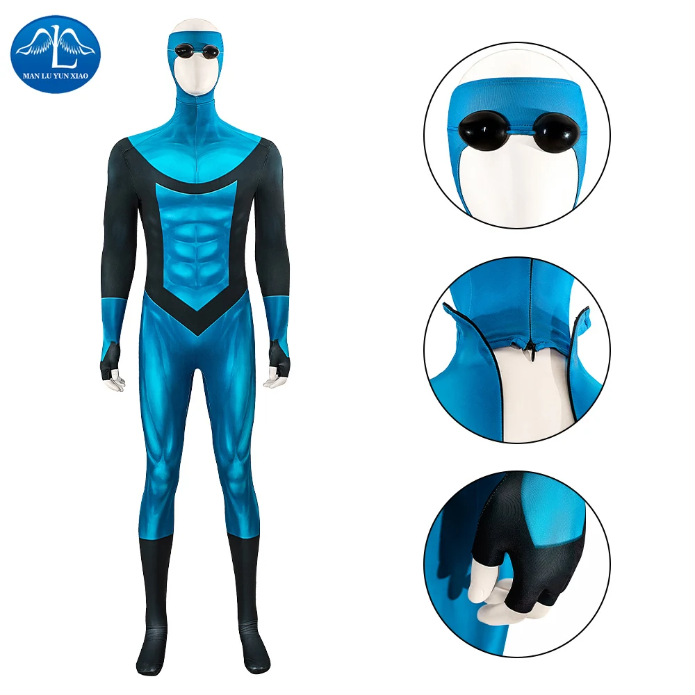 

Invincible Mark Grayson Cosplay Costume Adult Men 3D Print Jumpsuit Head Cover Glasses Halloween Carnival Party Set