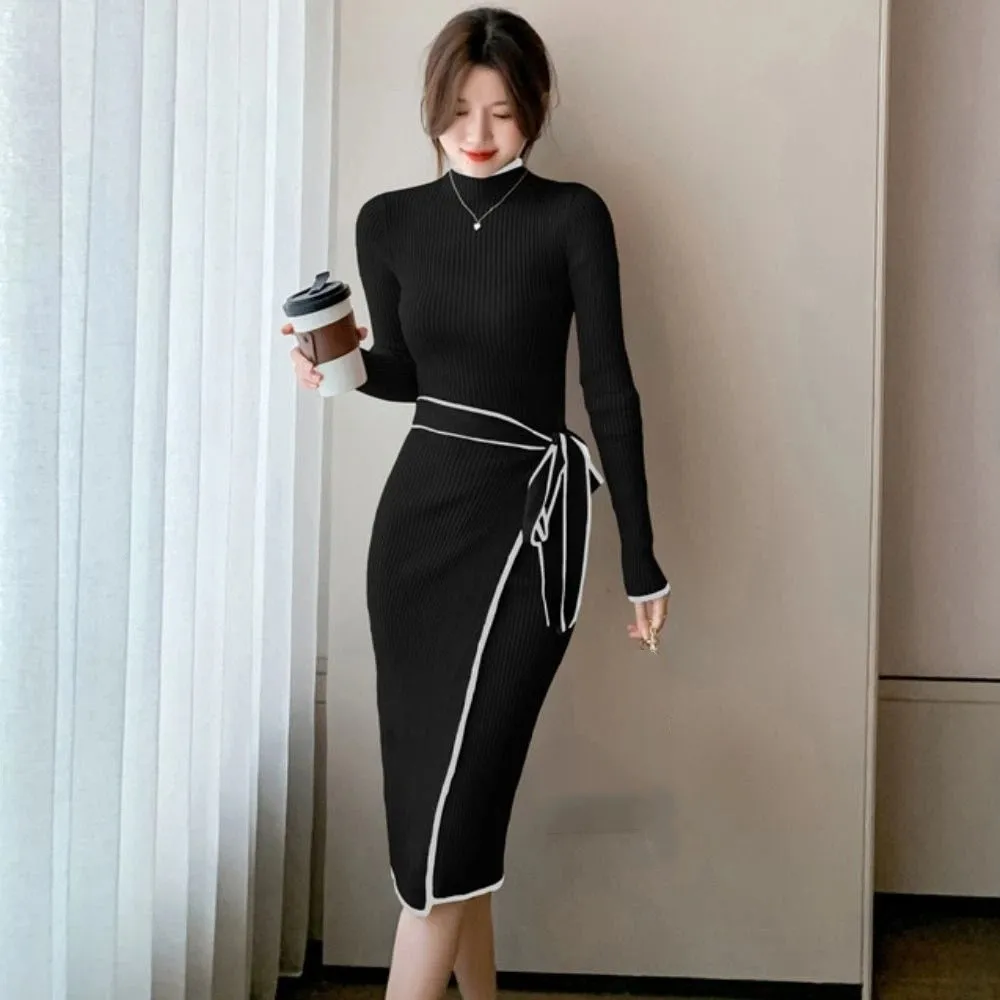 Robe longue en tricot Simple, demi-col, à lacets, Slim, élégante, manches longues, épicée, pour fille, robe de soirée, hiver automne