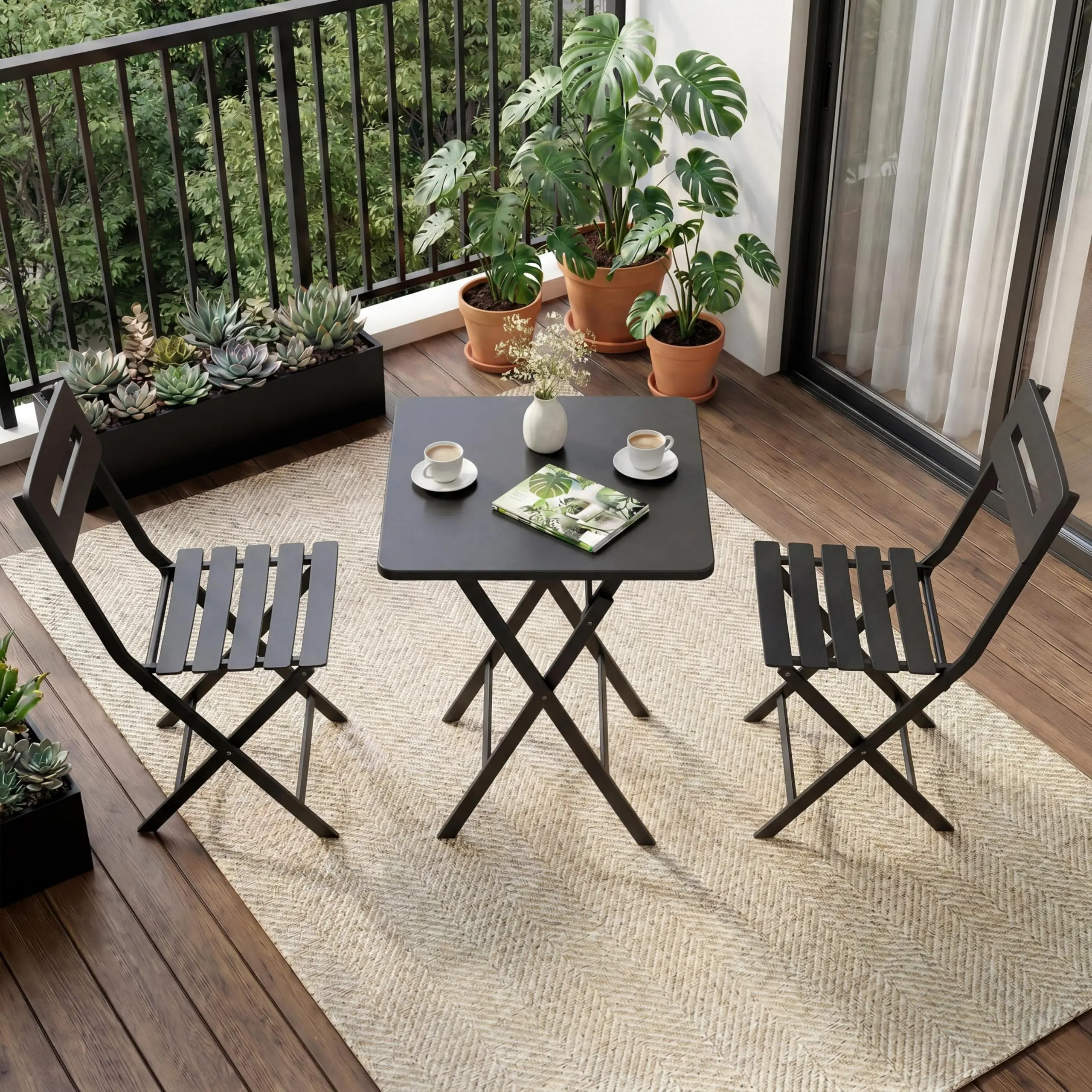 3 Piece Outdoor Folding Bistro Set, Weather Resistant Steel Frame with Table & 2 Collapsible Chairs, Compact, Durable