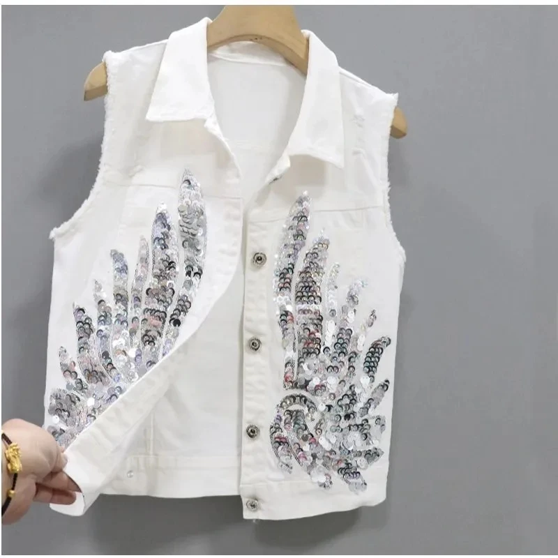 

New Sequined Denim Vest Women's 2023 Spring And Autumn Fashion Outer Wear Sleeveless Short Jacket Female Trendy A1212