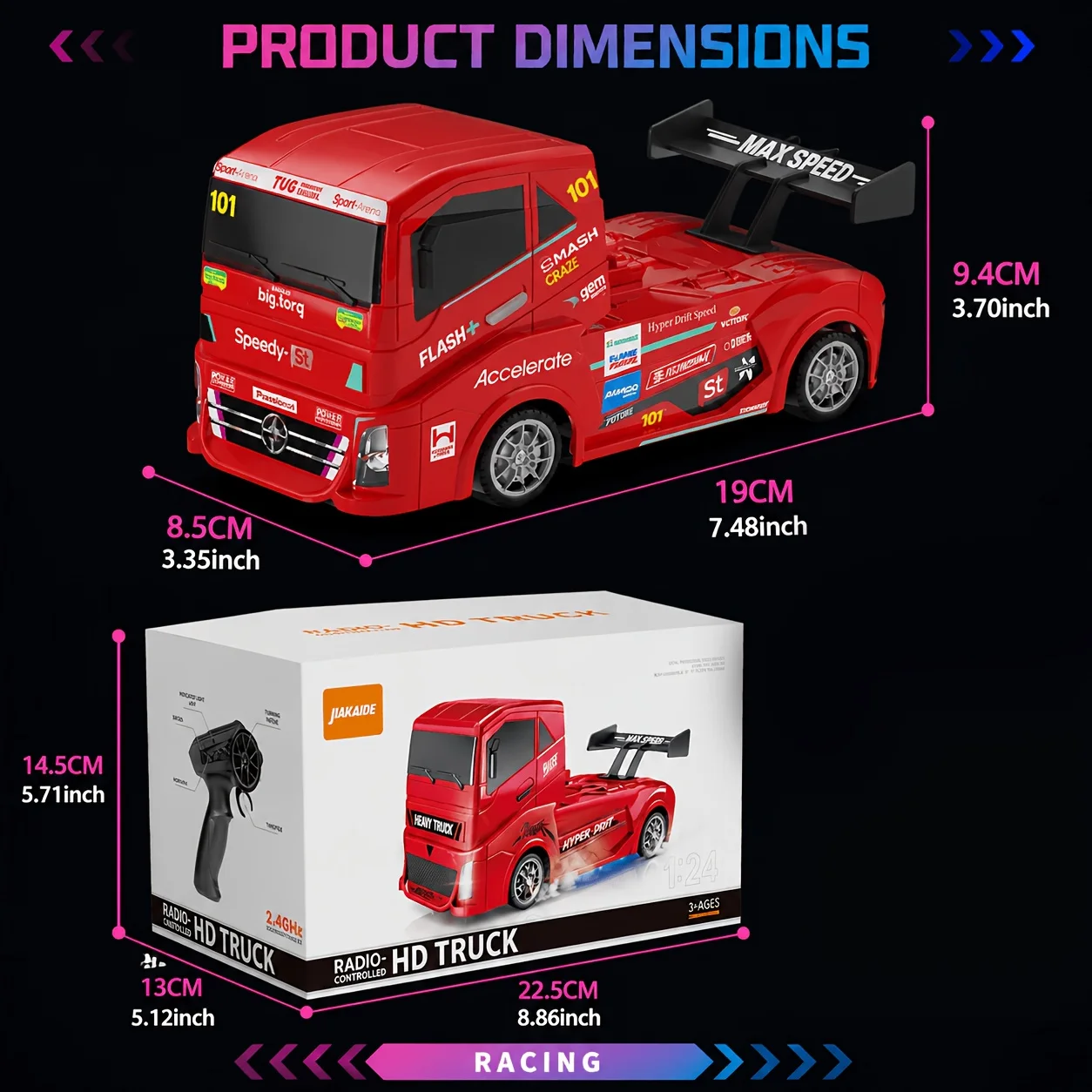 1:24 4WD RC Drift Truck with LED Replaceable Tires, 2.4GHz High Speed Remote Control Racing Toy Gift for Kids Boys view 5