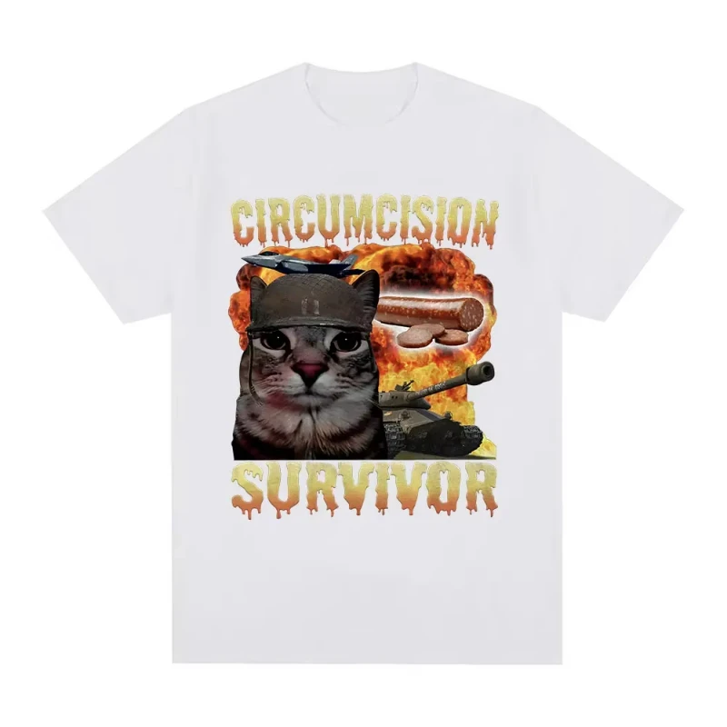 

Circumcision Survivor Funny Cat Meme Women Vintage T-shirt Casual Short Sleeve Summer T-shirts Streetwear Aesthetic Clothes