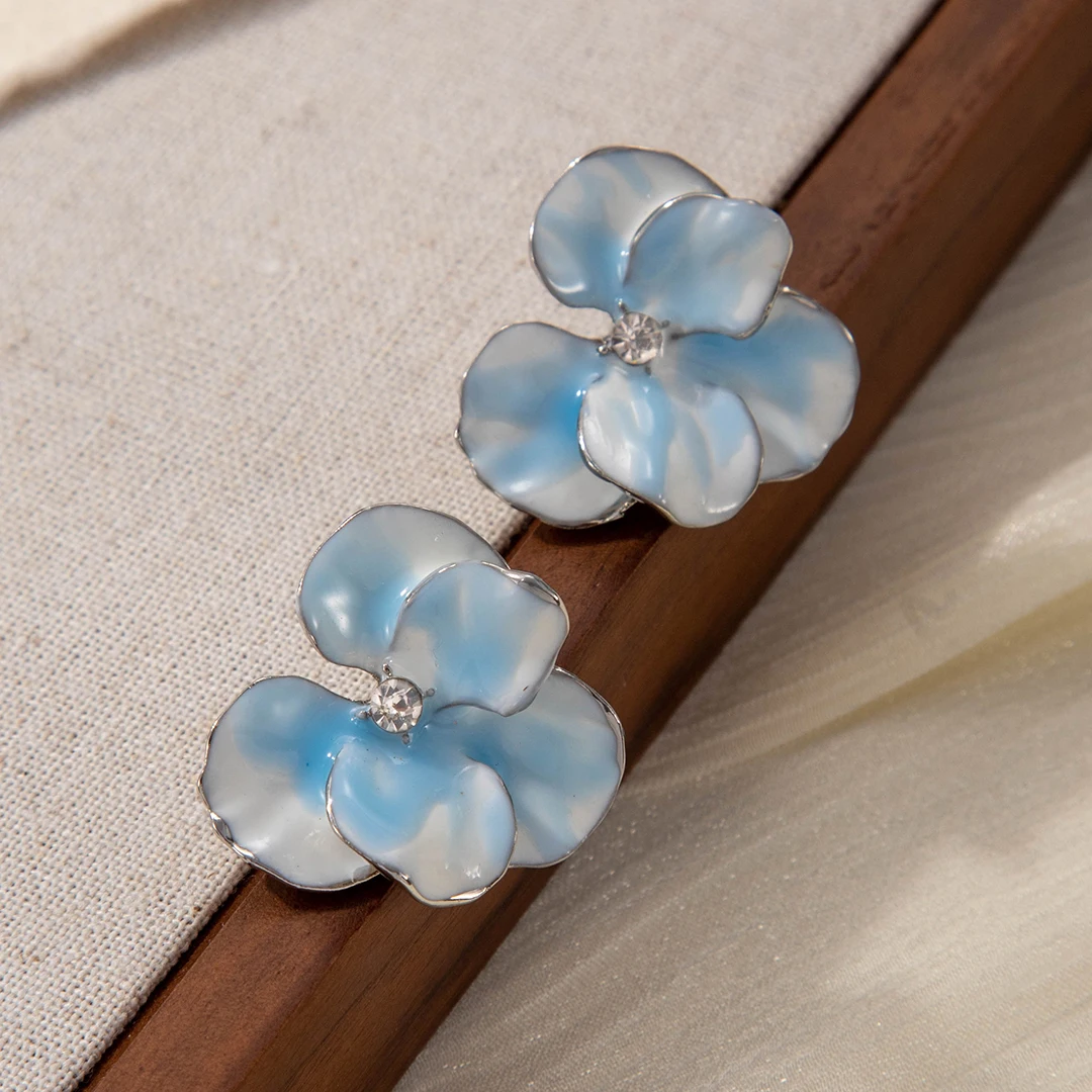 Summer Autumn Light Luxury Elegant Blue Flower Stud Earrings for Women Fashion Rhinestone Sweet Metal Wedding Party Jewelry