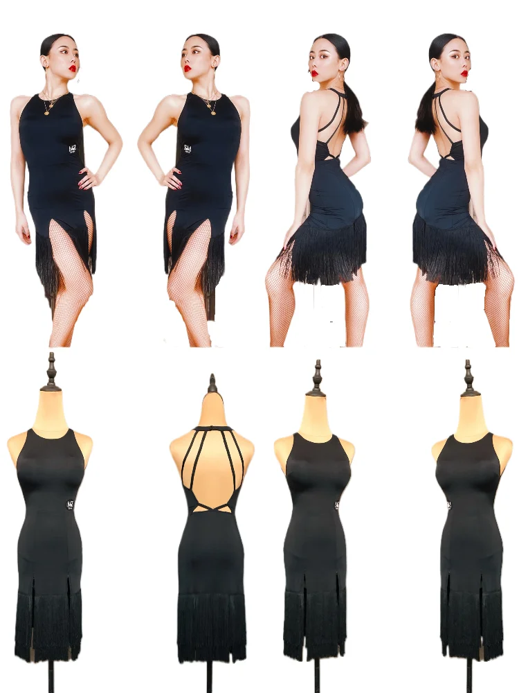 

MZDance Ladies Latin dance dress with slit and fringe hem, suitable for practicing and performing cha-cha, samba, and rumba.