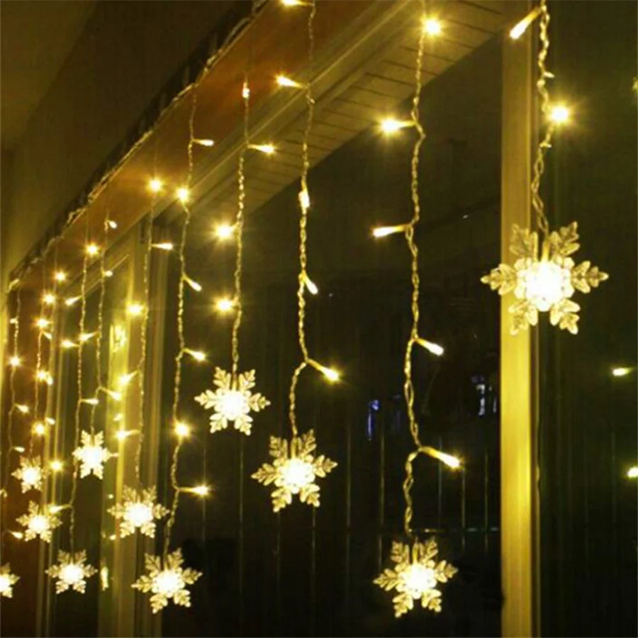 EU Plug 3.5M LED Snowflake Curtain String Light 8 Modes Christmas Garland Fairy Lights for Room Party Wedding Home Decoration