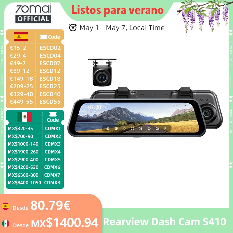 Cámara de Visión Trasera para Coche 70mai S410, Pantalla de Espejo de 9.35 Pulgadas, Delantera 2K, Trasera 1080P, Apertura F1.55, Supercondensador, Protección 24/7, 70mai S410
