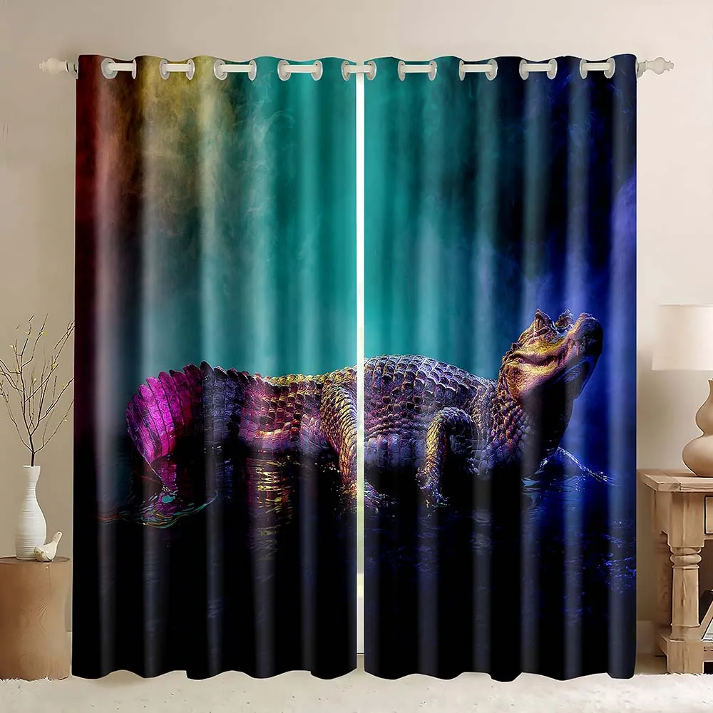 

Crocodile Curtain Wild Alligator Pattern Window Curtain Wildlife Style Neon Color Crocodile Horror Animal Theme Blackout Curtain