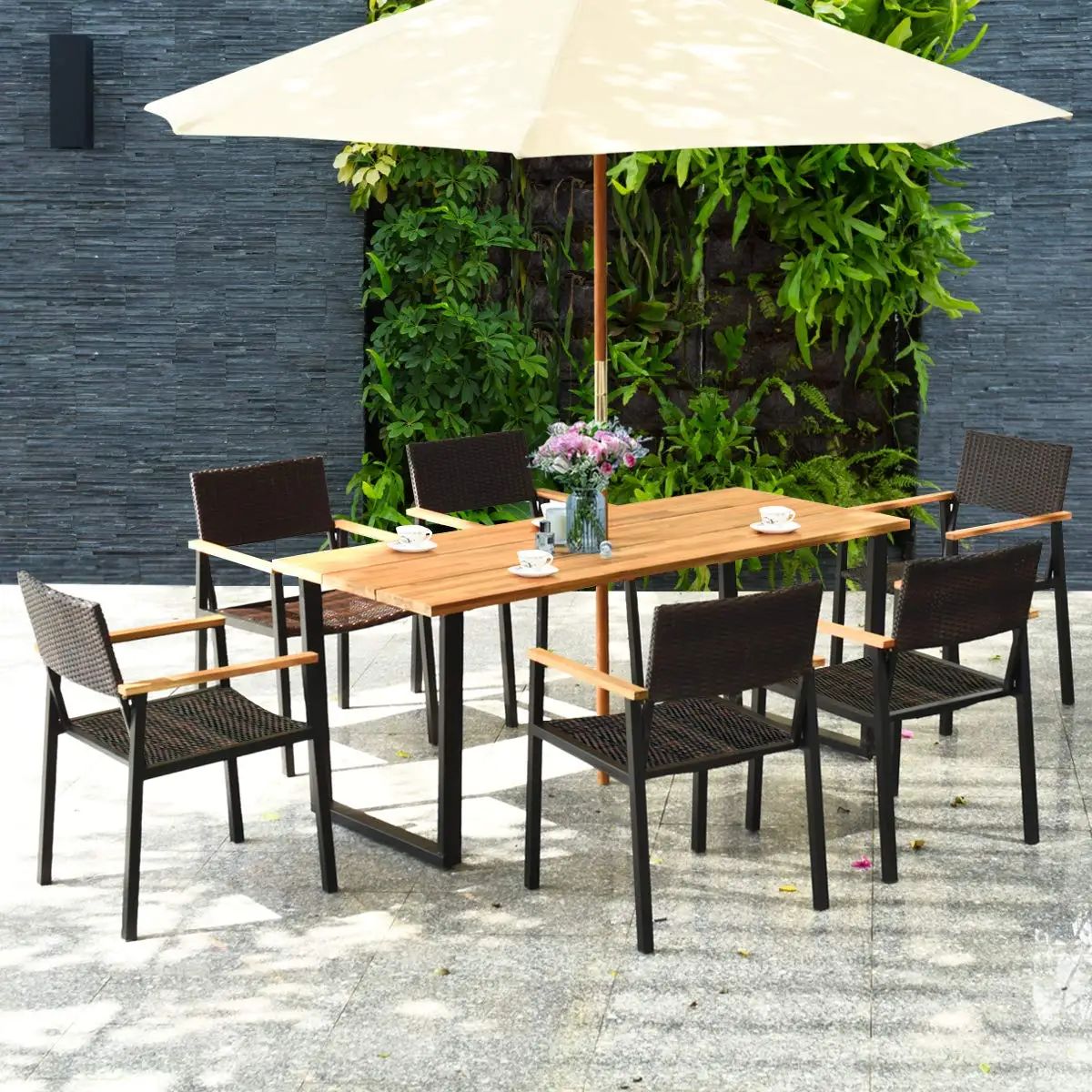 7 Pieces Outdoor Dining Set, Patented Patio Furniture Set w/Large Rectangle Acacia Wood Table Top, Rattan Chairs, Customized