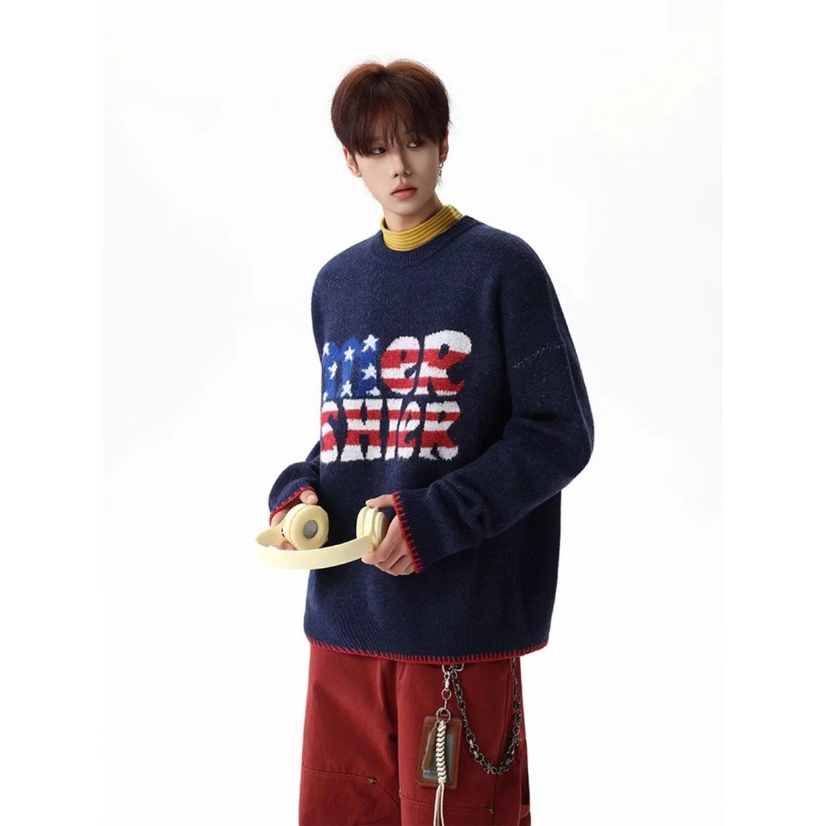 الأمريكية الرجعية رسالة محبوك سترة فضفاضة عادية كسول Sle جولة Ne الأعلى العصرية خط irt للأزواج الخريف الشتاء ارتداء