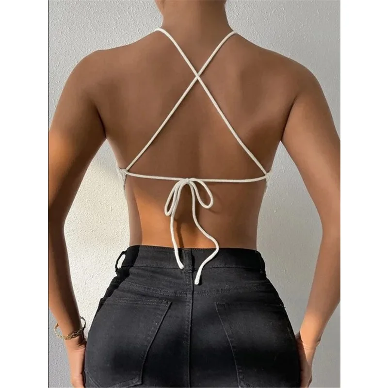 Women Sexy Backless Lace Up Halter Knitted Tank Top Female Clothes Temperament Summer Women\'s New Fashion Bandeau Sweater