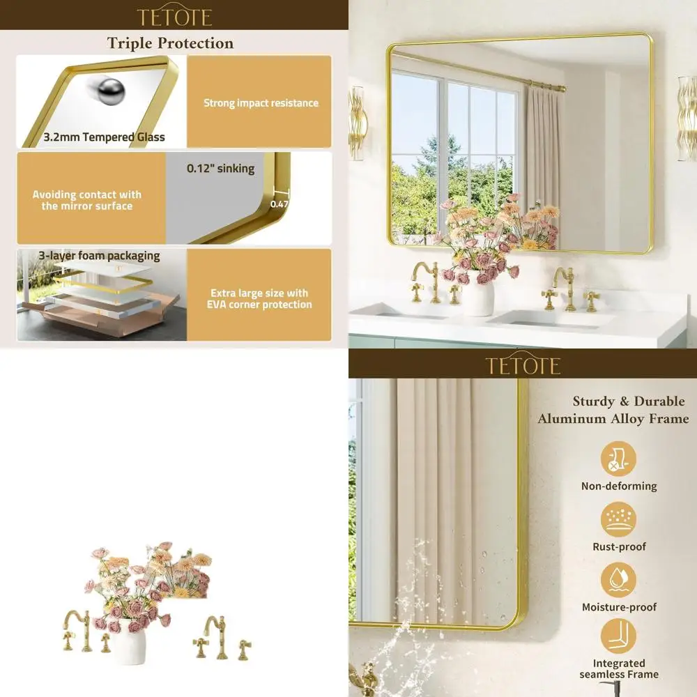 Espejo de tocador de oro cepillado de 40x30 pulgadas con vidrio templado, montable en la pared para varias habitaciones