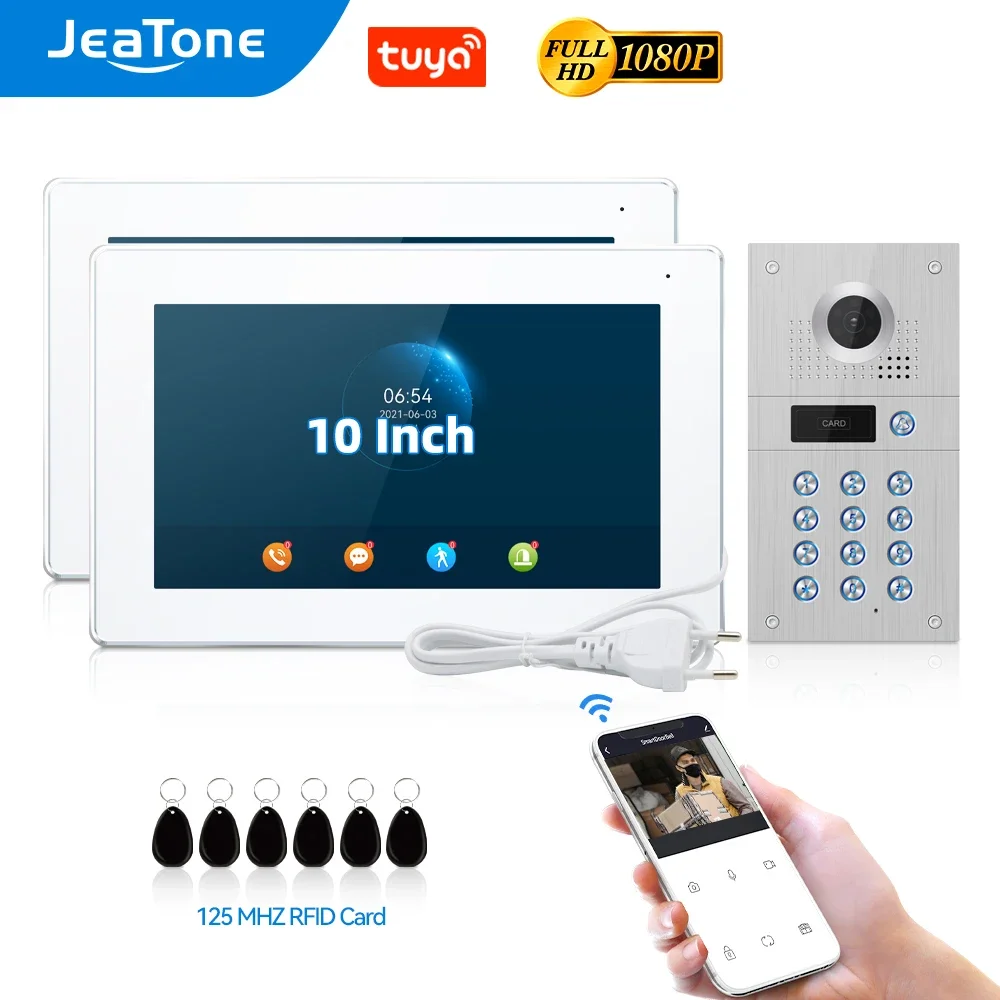 Jeatone interkom Video WiFi, 2 buah monitor layar sentuh 10 inci dengan kabel tombol kode RFID, interkom untuk apartemen