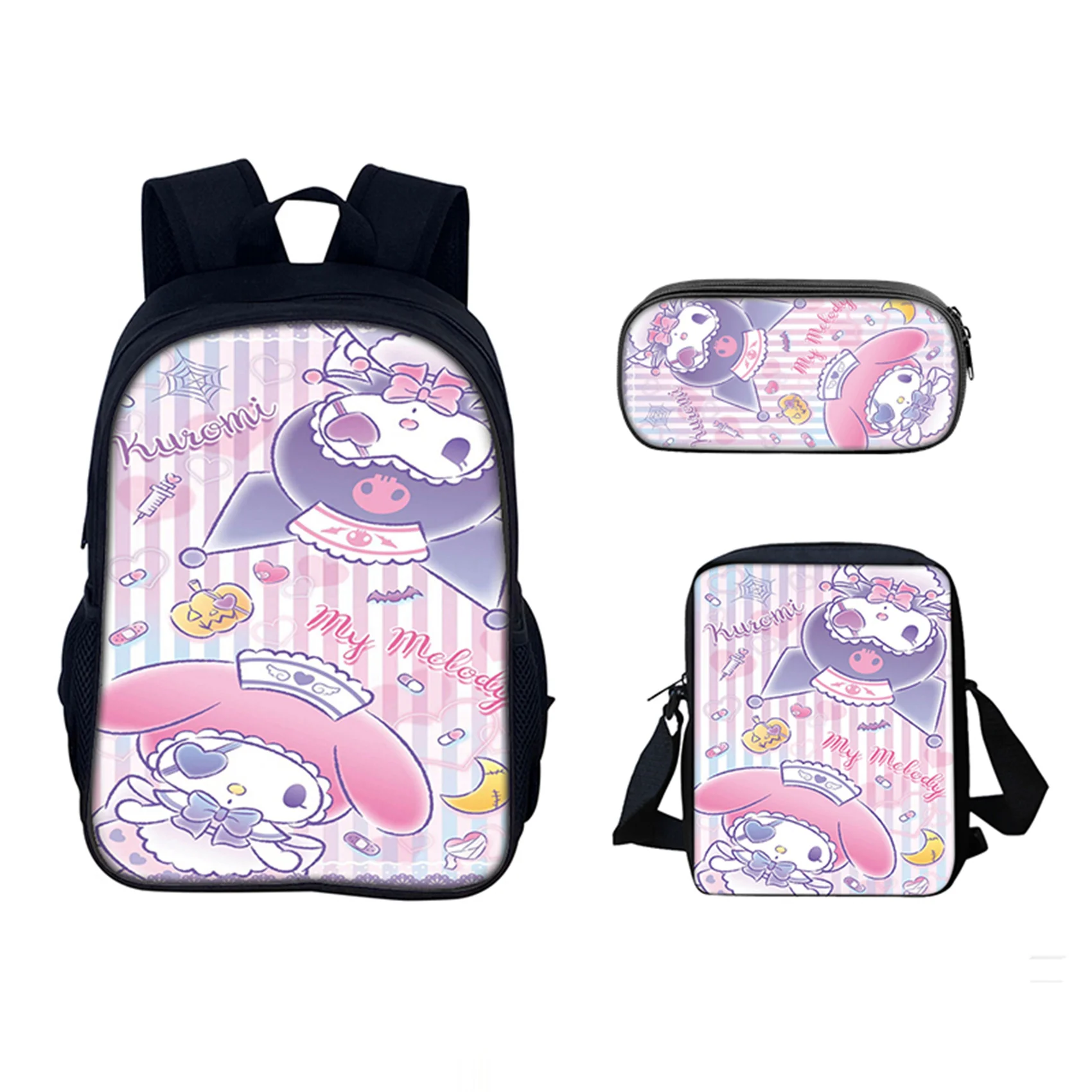 

Kuromi Lightweight Student Backpack 3Pcs Set-Back to School Knapsack and Canvas Side Bag Pencil Case for Unisex Children