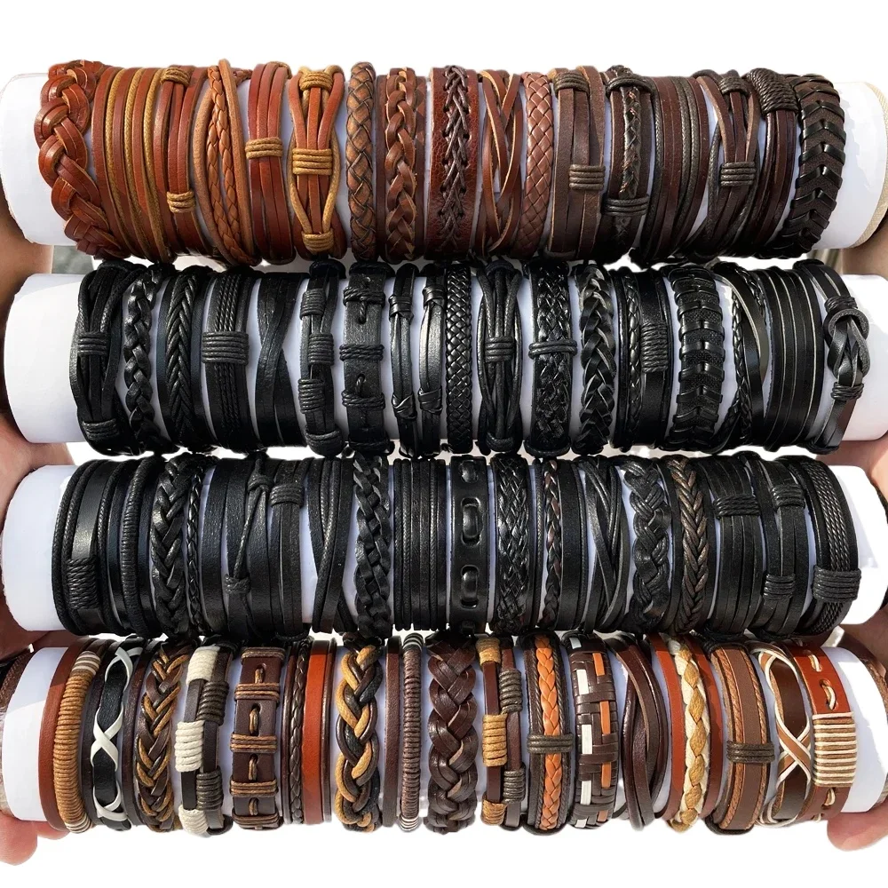 Handmade 114pcs/lot Wrap Woven Fashion Handmade Men Bracelets Women Leather Bracelet for Women Men Bangle Wholesale Jewelry Gift