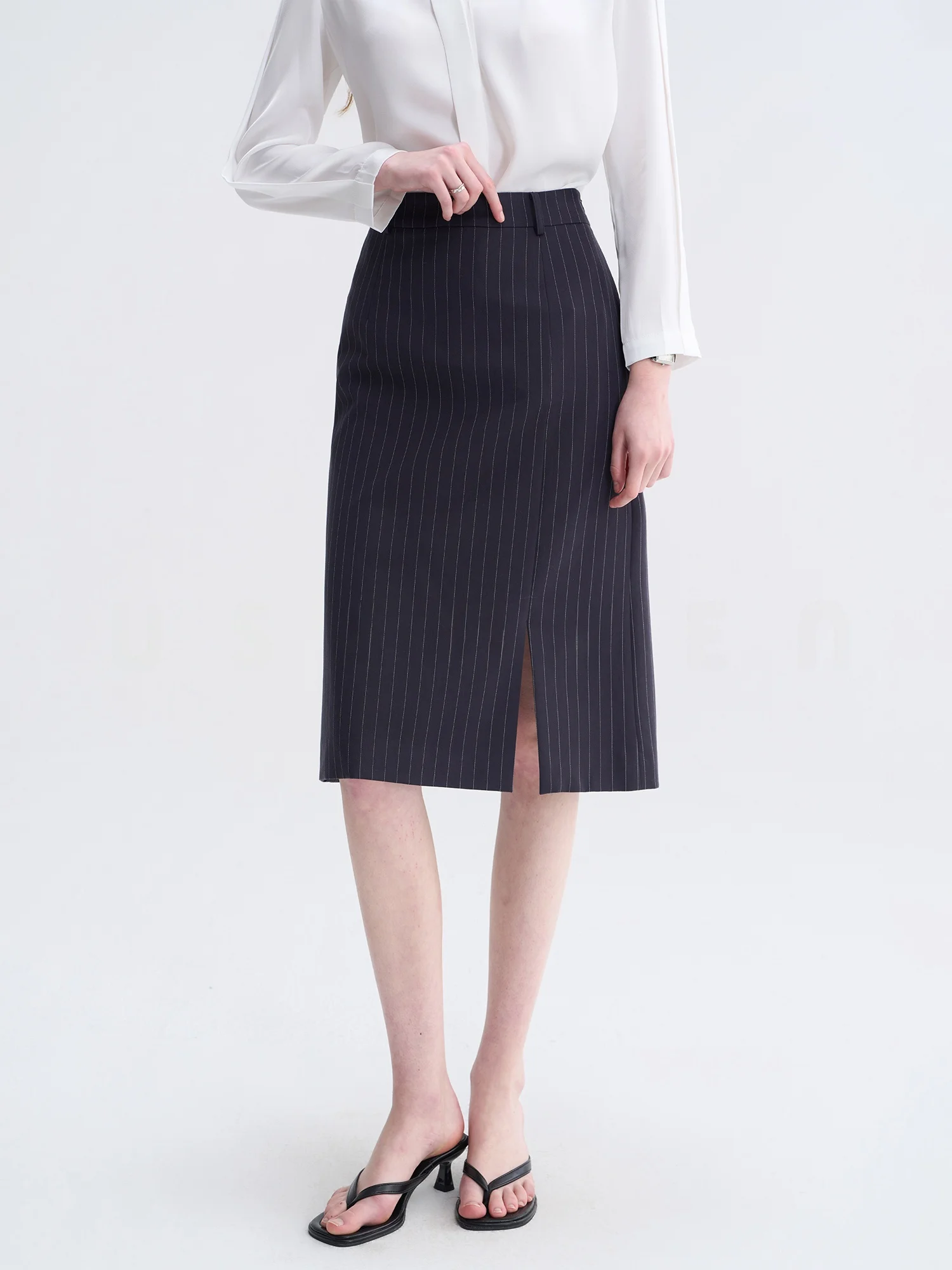 

Юбка-полусолнце USSHEEN с минималистичным полосатым узором для женщин, элегантная, с разрезом, с высокой талией, из смесового полиэстера, весна 2026