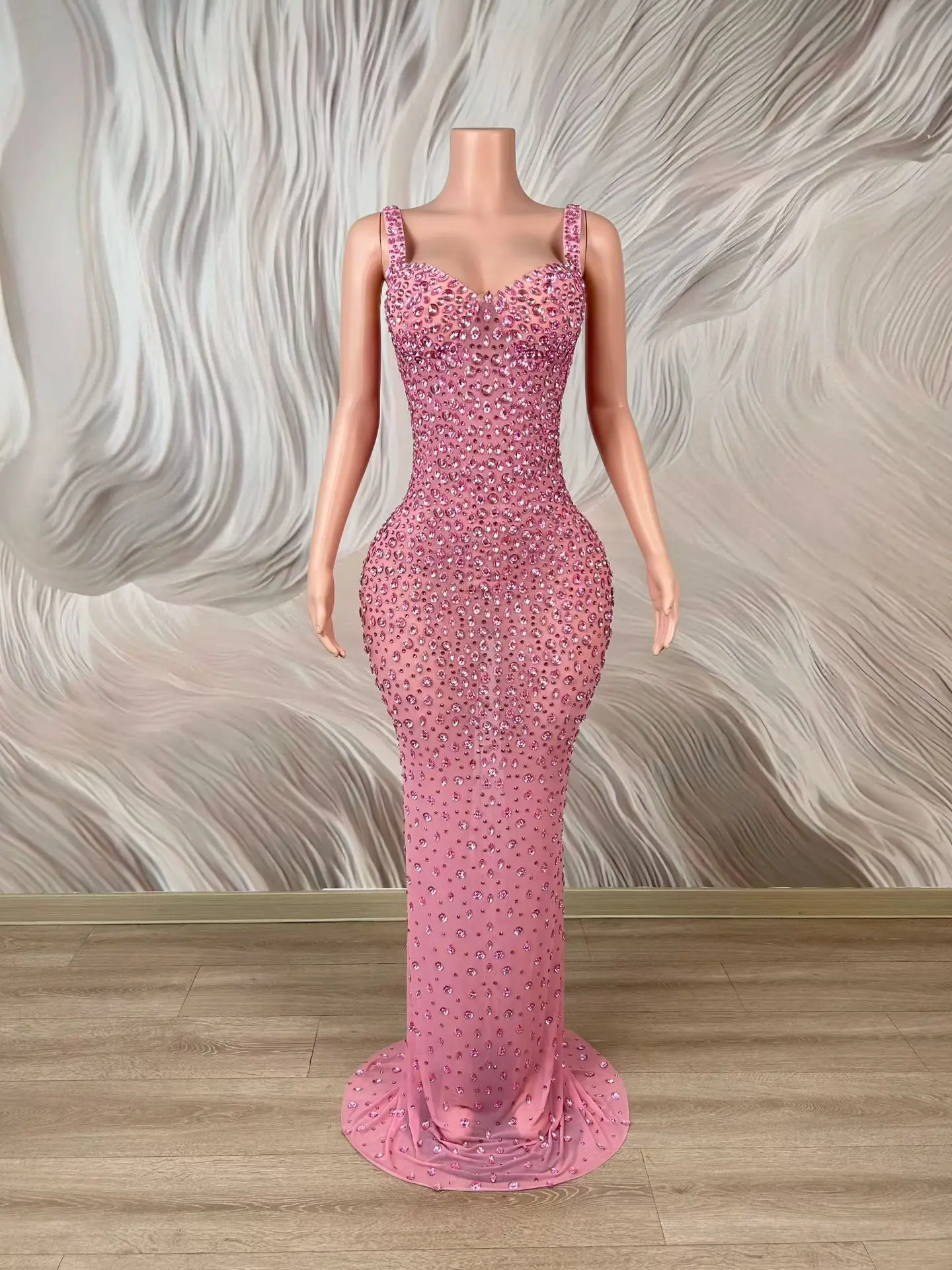 Weiguang Luxury See Through Pink Mesh Full Pink Rhinestone Mermaid Maxi Gown Thin Crystal Straps Birthday Evening Dress