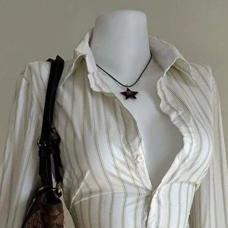 2025 été nouvelle chemise classique rétro femme mode coréenne à manches longues chemise mince rayure Y2k marron simple boutonnage hauts femmes nouveau