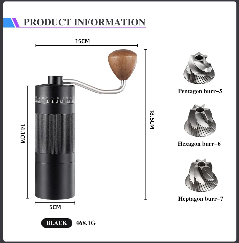 Custom Logo Black Manual Coffee Bean Hand Grinder with Stainless Steel Burr Gift Box Package Included
