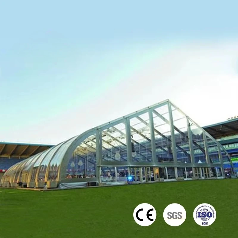 Tente de réception sur mesure à grand toit courbé, structure en aluminium, pour événements extérieurs, terrains de sport, football, mariages, fêtes, expositions.